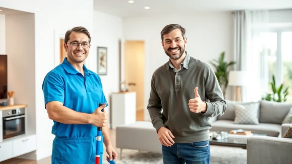 Housekeeper in blue uniform standing beside a smiling customer giving a thumbs-up in a clean, modern living room. The image highlights customer satisfaction and quality service.