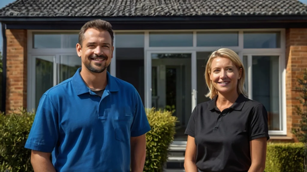 A smiling Squeaky Clean Perth's professional in a blue uniform stands next to a satisfied customer wearing a black shirt. Showcasing the successful completion of a cleaning service and the customer’s satisfaction.