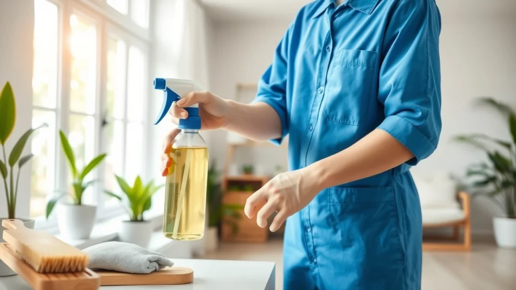 Squeaky Clean Perth's Housekeeper holding eco friendly cleaning product.