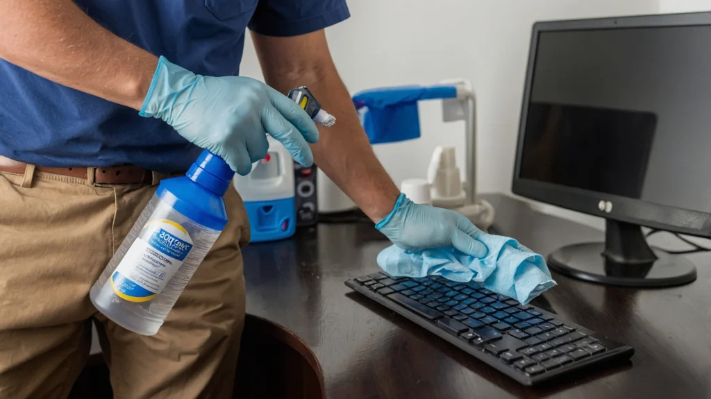 Professional cleaner disinfecting a keyboard and desk area with cleaning spray, wearing protective gloves, highlighting the focus on health, hygiene, and thorough disinfection