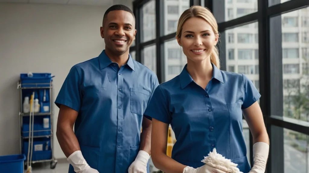 Squeaky Clean Perth's Cleaners wearing blue uniforms and gloves, in a bright, modern space. Cleaning supplies are visible in the background, emphasizing a professional and reliable service.