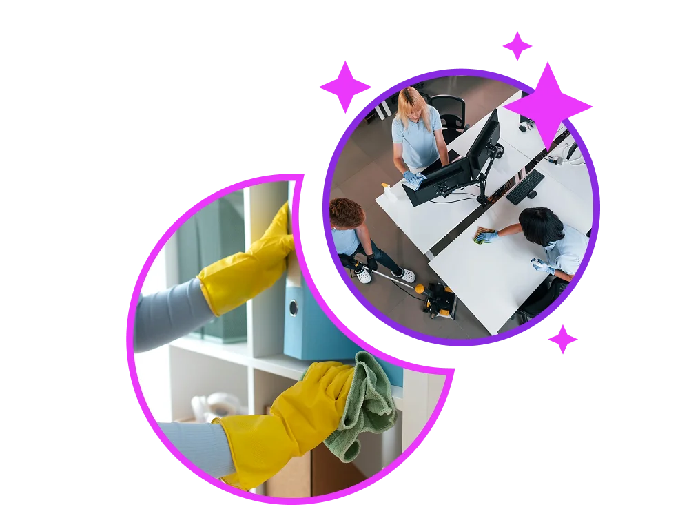 Image shows Squeaky Clean Perth's Cleaners working on Office Cleaning Service Perth. Cleaning office windows and desk. General Cleaning Service in Perth.